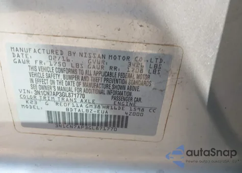 2016 Nissan Versa 1.6 Sv из США, поврежденный, VIN 3N1CN7AP3GL871770